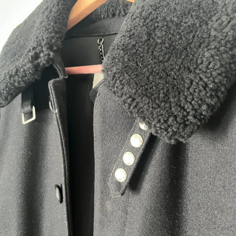 Shearling Trim Collar Black Wool Aviator Jacket - Picture 3 of 8